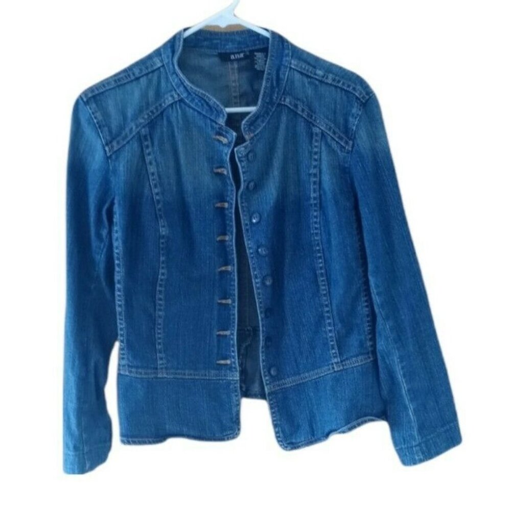A.n.a Womens Jean Jacket Blue Buttons Long Sleeve Stretch Mandarin Collar Small